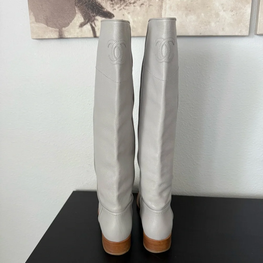 CHANEL Ascot Calfskin Leather Knee High CC Logo Riding Boots